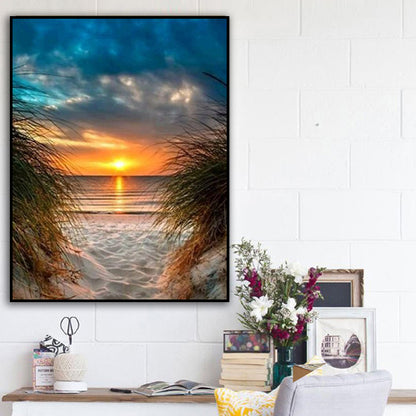 Pintura decorativa para sala de estar, paisaje marino, puesta de sol, taladro completo