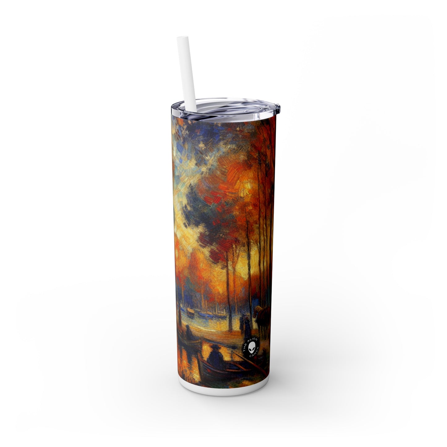 "Rainy Evening: A Post-Impressionist Cityscape" - The Alien Maars® Skinny Tumbler with Straw 20oz Post-Impressionism