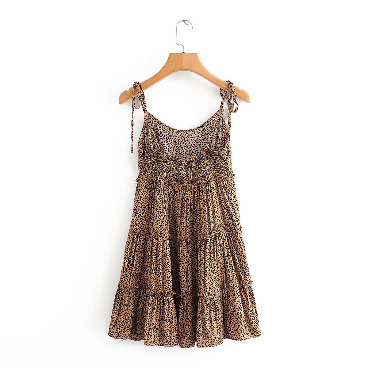 Ladies Leopard Print Ruffled Strap Dress