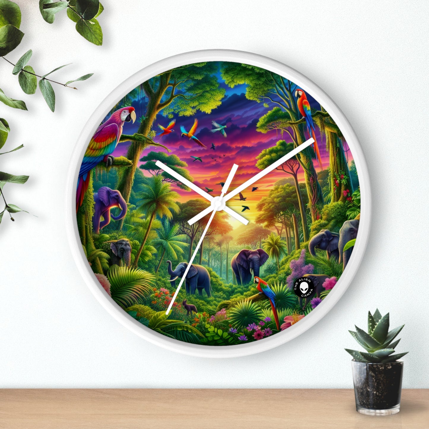 « Coucher de soleil dans la nature : une aventure dans la jungle arc-en-ciel » – L'horloge murale Alien