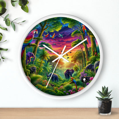 "Atardecer en la naturaleza: una aventura en la jungla del arcoíris" - El reloj de pared alienígena