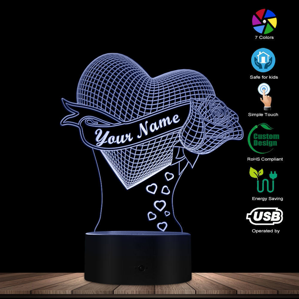 Loving Heart With Rose valentine gift Name 3D Effect Optical Illusion Table Lamp