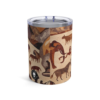 Title: "Ancient Encounter: The Battle of Giants" - The Alien Tumbler 10oz Cave Painting