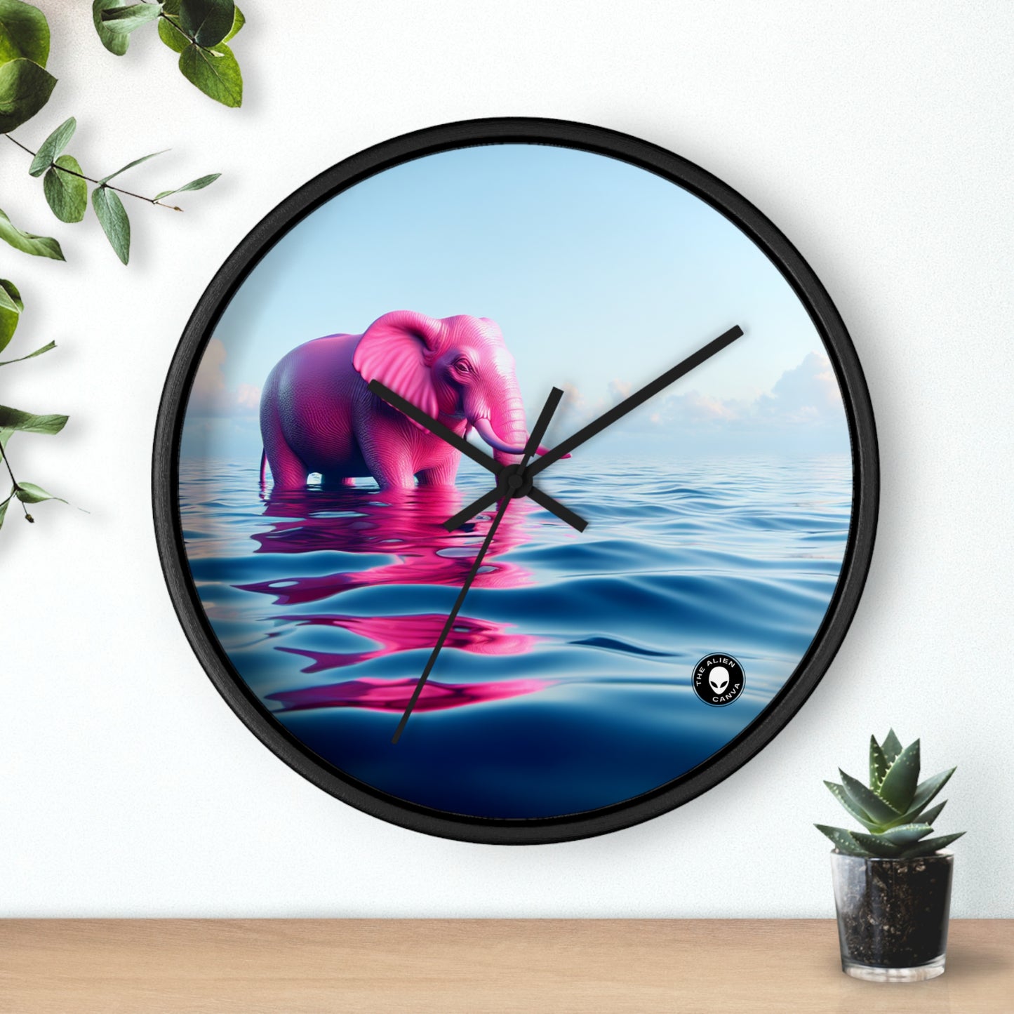 "The Pink Elephant in the Deep Blue Sea" - The Alien Wall Clock A pink elefant floating in the ocean