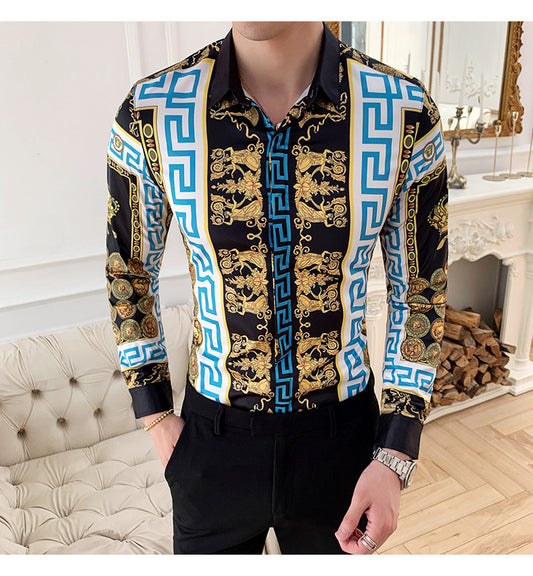 Spring And Autumn Men'S Long Sleeve Shirt Korean Slim Shirt Men'S Social Youth Flower Shirt Men