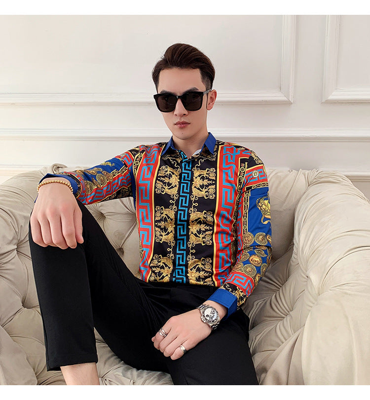 Spring And Autumn Men'S Long Sleeve Shirt Korean Slim Shirt Men'S Social Youth Flower Shirt Men