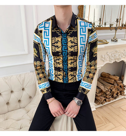 Spring And Autumn Men'S Long Sleeve Shirt Korean Slim Shirt Men'S Social Youth Flower Shirt Men