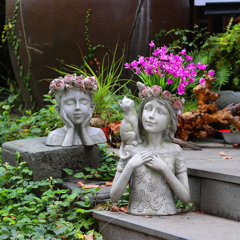 Escultura de pájaro del gatito de la maceta de resina de la muchacha del muchacho de Rose