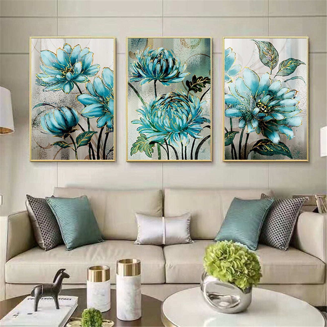 Blue Flowers Golden Lace Noble Decorative Poster Modern Nordic Canvas Painting Print Decor Wall Art Pictures For Living Room