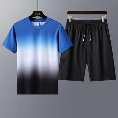 Traje deportivo para hombre, cuello redondo, pantalones cortos de manga corta degradados, traje informal de dos piezas para correr de secado rápido