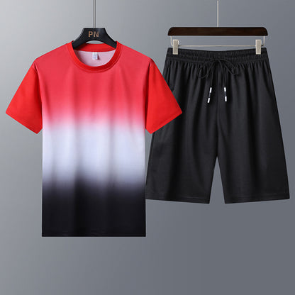 Traje deportivo para hombre, cuello redondo, pantalones cortos de manga corta degradados, traje informal de dos piezas para correr de secado rápido