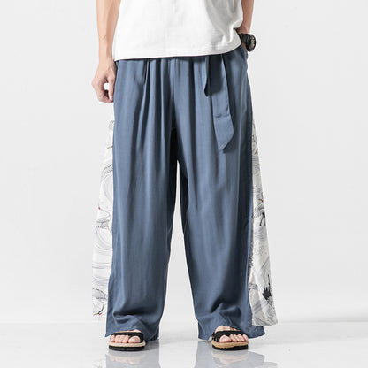 Chinese Style Cotton And Linen Printed Men'S Casual Trousers Retro Large Size Linen Loose Wide-Leg Pants