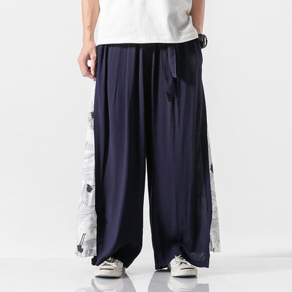 Chinese Style Cotton And Linen Printed Men'S Casual Trousers Retro Large Size Linen Loose Wide-Leg Pants