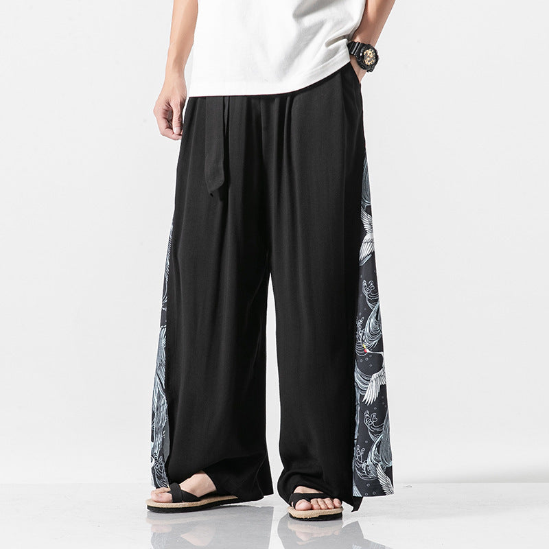 Chinese Style Cotton And Linen Printed Men'S Casual Trousers Retro Large Size Linen Loose Wide-Leg Pants