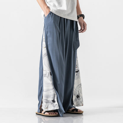 Chinese Style Cotton And Linen Printed Men'S Casual Trousers Retro Large Size Linen Loose Wide-Leg Pants