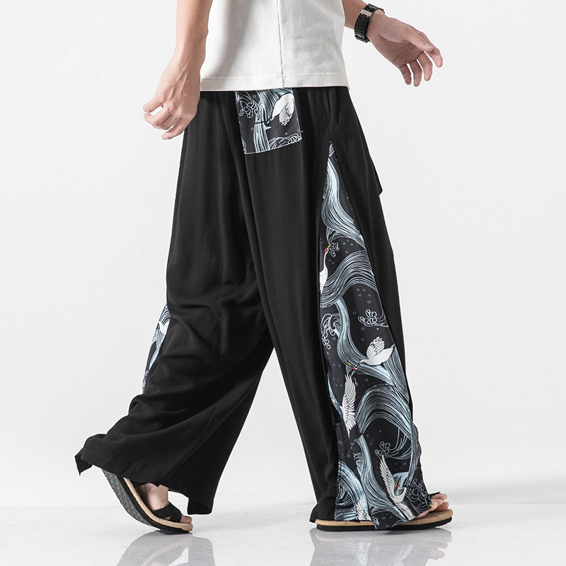 Pantalon décontracté en coton et lin imprimé de Style chinois pour hommes, rétro, grande taille, pantalon ample à jambes larges