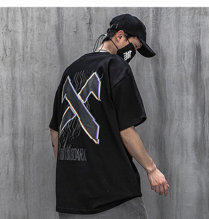 Printed Reflective Short-Sleeved T-Shirt Men'S Round Neck Casual Loose Hip-Hop Half Sleeve