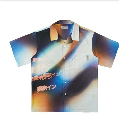 Camisa de manga corta con estampado de luz de Neon Tokyo, camisa informal holgada de tendencia para hombres y mujeres