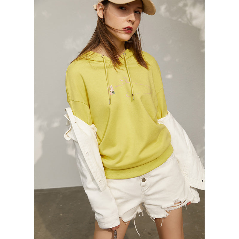 Spring new loose hooded printed white top