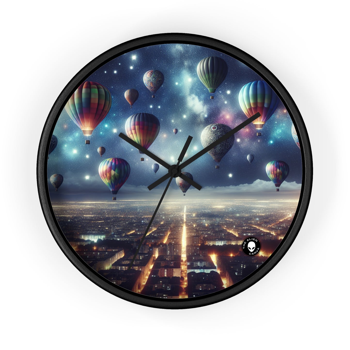 "Viaje nocturno estrellado: globos aerostáticos sobre la ciudad" - El reloj de pared extraterrestre