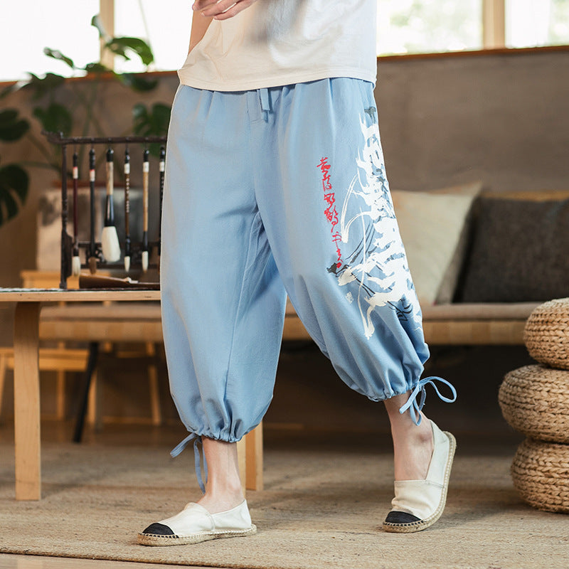 Printed cotton and linen cropped trousers