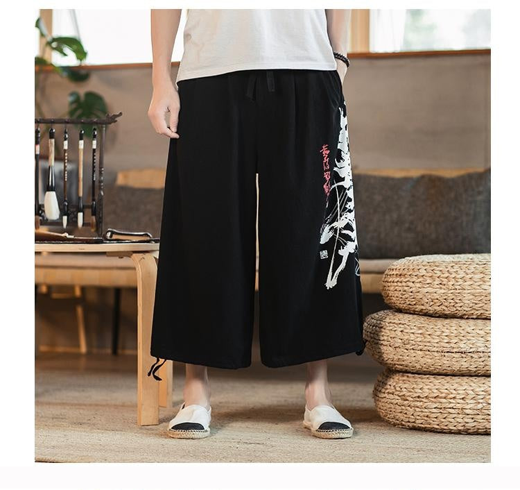 Printed cotton and linen cropped trousers