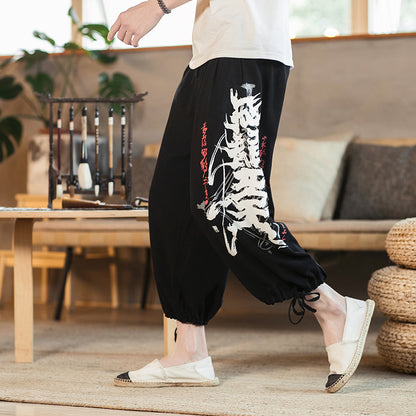 Pantalon court imprimé en coton et lin