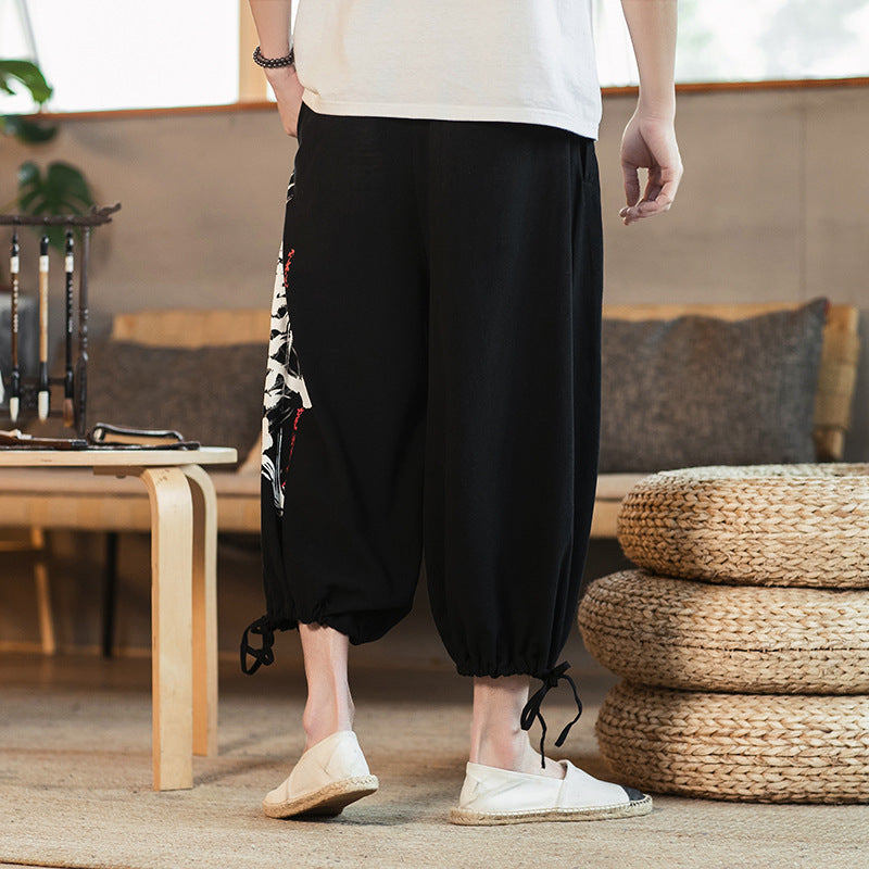 Printed cotton and linen cropped trousers