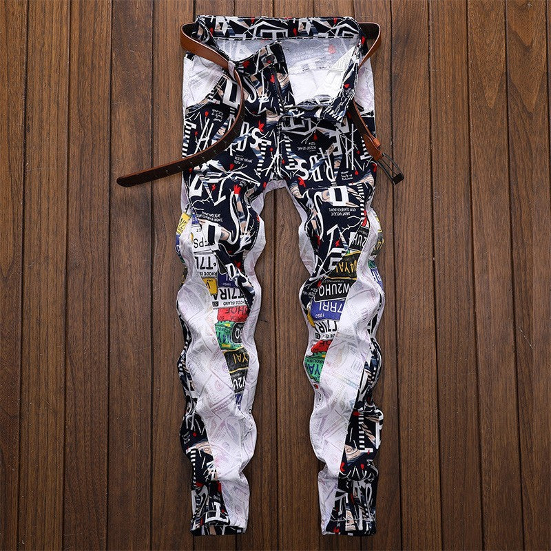 Men's Letters Printed Patchwork White Jeans