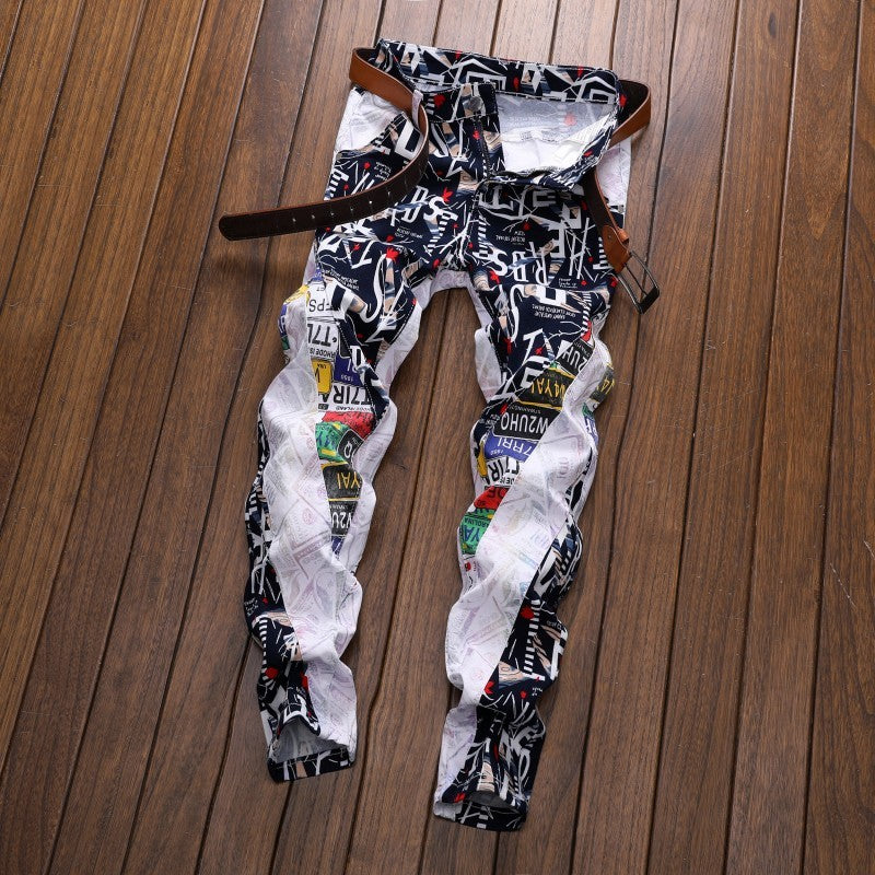 Men's Letters Printed Patchwork White Jeans