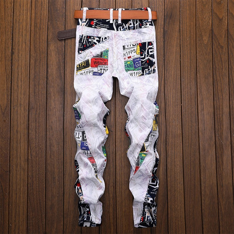 Men's Letters Printed Patchwork White Jeans