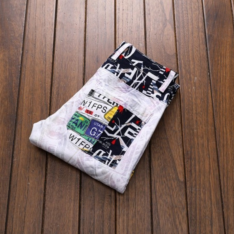 Men's Letters Printed Patchwork White Jeans