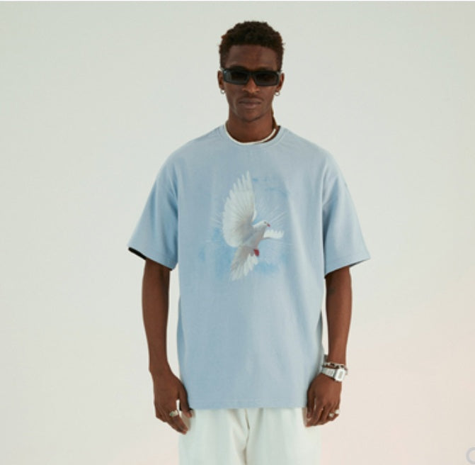 Light Blue Star Light White Pigeon Print T-Shirt Men