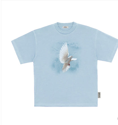 Light Blue Star Light White Pigeon Print T-Shirt Men