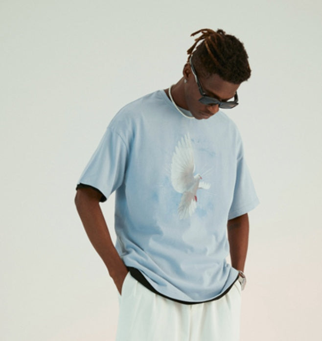 Light Blue Star Light White Pigeon Print T-Shirt Men