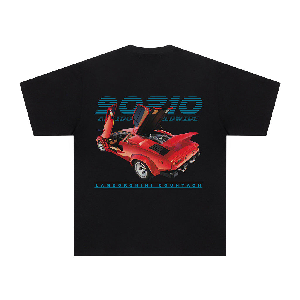 Camiseta de manga corta con estampado de coche retro bicolor