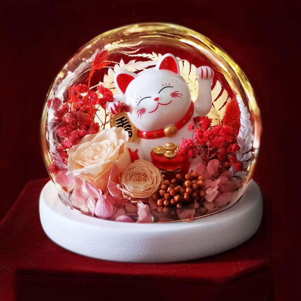 Rose préservée, fleur préservée, couvercle en verre, œillet, décoration de chat porte-bonheur