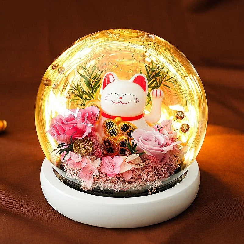 Rose préservée, fleur préservée, couvercle en verre, œillet, décoration de chat porte-bonheur