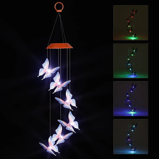 Carillon éolien LED à énergie solaire, luminaire suspendu à couleur changeante, lampe papillon de jardin, décoration