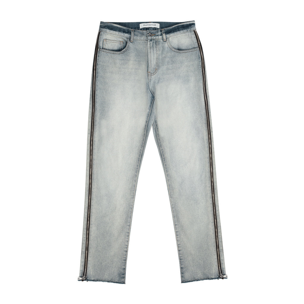 Raw Edge Washed Blue Side Bone Zipper Straight Jeans High Street Tide Brand Wild Summer