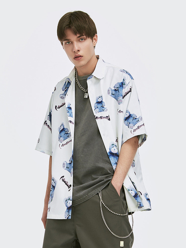 Tide marque printemps et été chemise homme à manches courtes ours pleine impression ample tendance Couple décontracté chemise