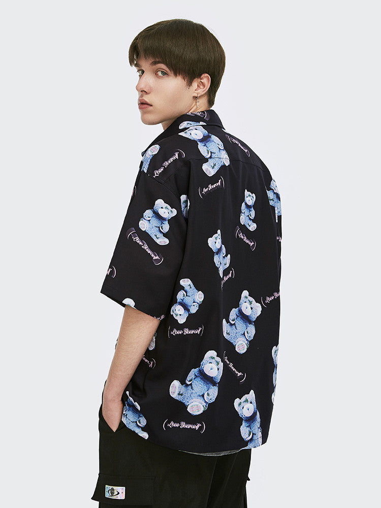 Tide Brand Spring And Summer Shirt Male Short-Sleeved Bear Full Print Loose Trend Couple Casual Shirt