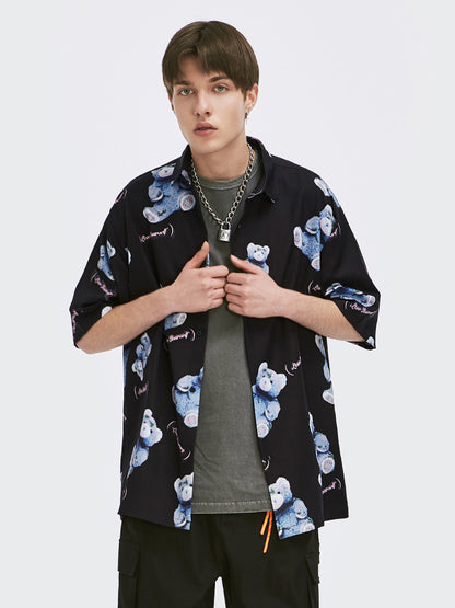 Camisa de primavera y verano de marca Tide para hombre, camisa informal holgada de manga corta con estampado completo de oso para parejas