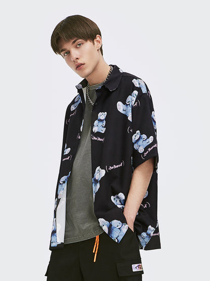 Tide Brand Spring And Summer Shirt Male Short-Sleeved Bear Full Print Loose Trend Couple Casual Shirt