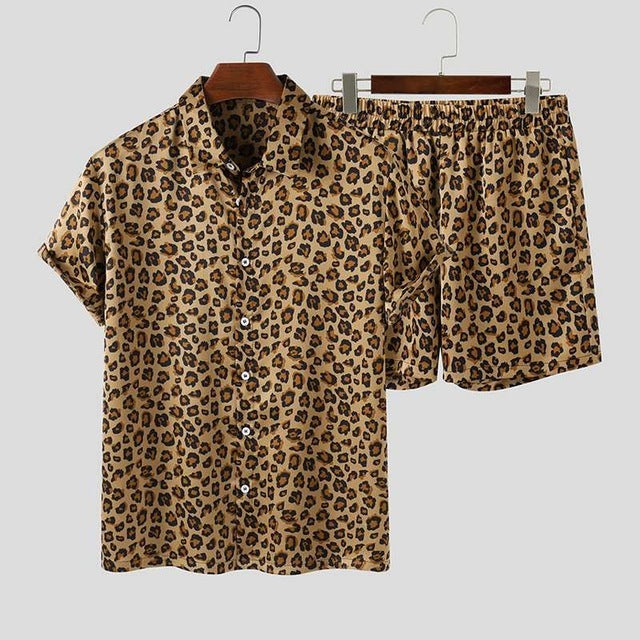 Ropa de verano Conjuntos para hombre Manga corta con solapa estampada de leopardo