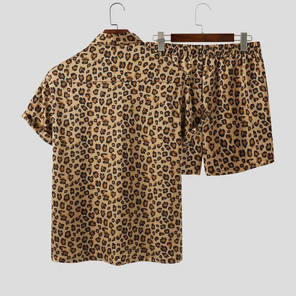 Ropa de verano Conjuntos para hombre Manga corta con solapa estampada de leopardo