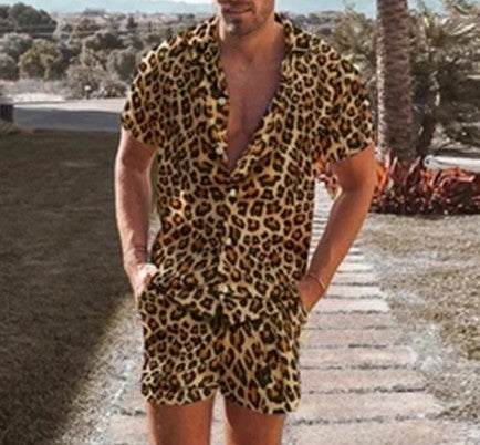 Ropa de verano Conjuntos para hombre Manga corta con solapa estampada de leopardo