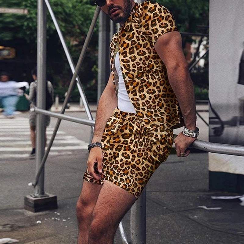 Ropa de verano Conjuntos para hombre Manga corta con solapa estampada de leopardo