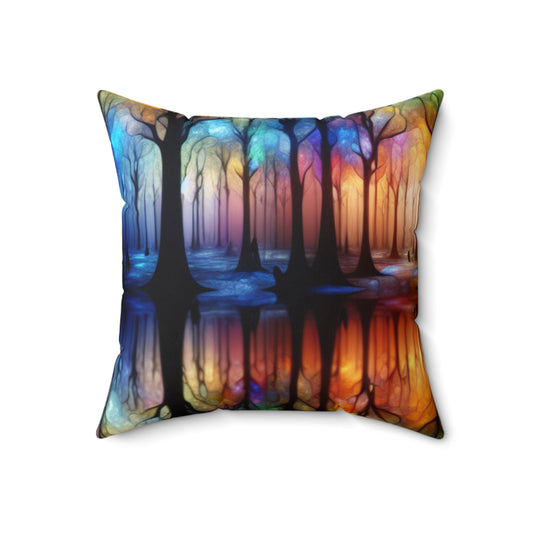 « Enchanted Rainbow Woods » - L'oreiller carré en polyester filé Alien