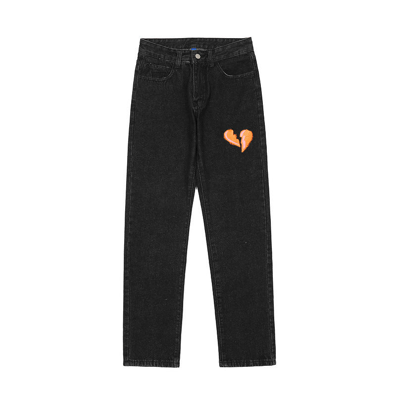 Jean imprimé Torn Love, pantalon droit délavé et vieilli